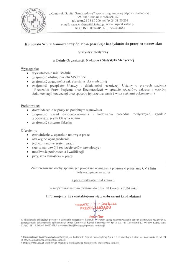 Ogłoszenie o zatrudnieniu: statystyk medyczny 